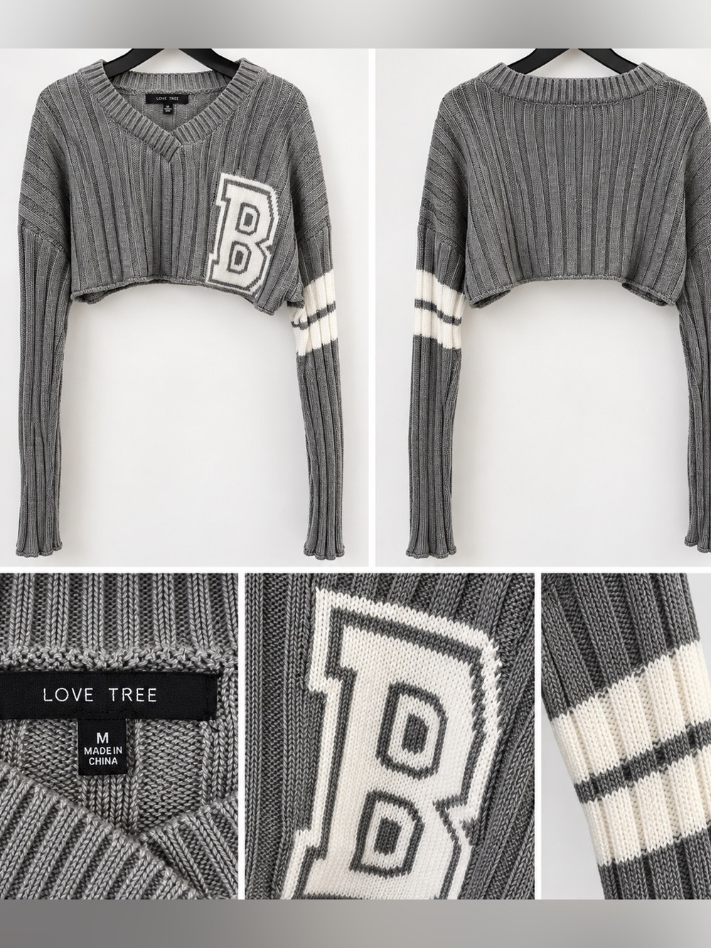 Love Tree Gray Varsity “B” Cropped Ribbed Knit Sweater Size Medium